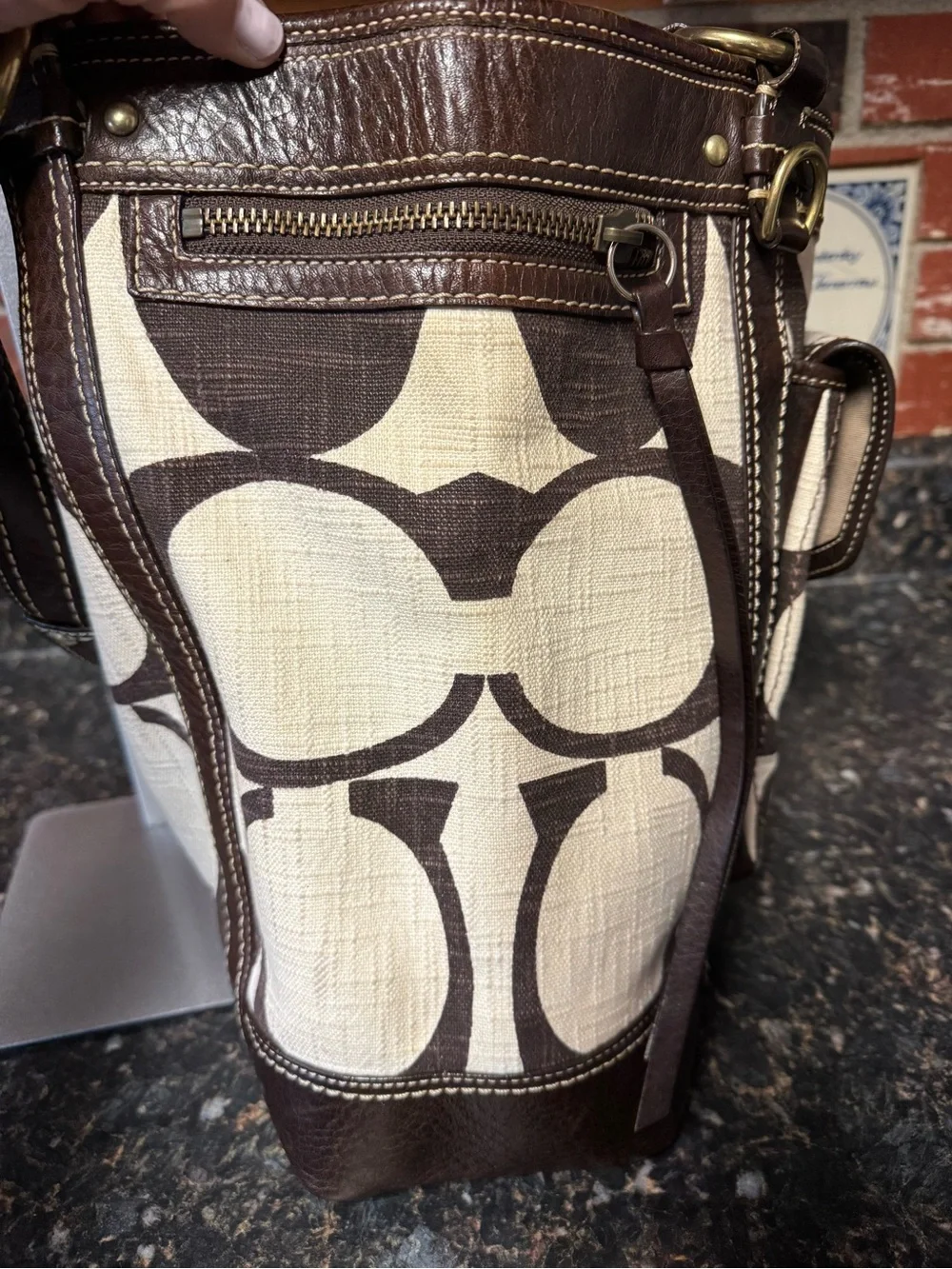 Coach Legacy Signature Turnlock Tote Brown Jacquard Canvas Leather A0768-